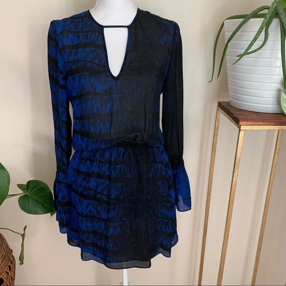 Parker 100% Silk‎ Bell Sleeve Mini Dress in Black & Blue sz S - Picture 2 of 6
